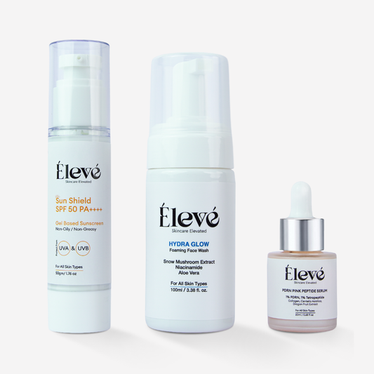 Eleve skincare routine featuring Hydra Glow Face Wash, PDRN Pink Peptide Serum, and Sun Shield SPF 50 PA++++