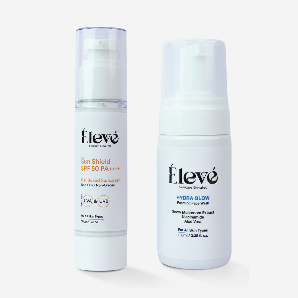 Eleve Hydra Glow Foaming Face Wash and Sun Shield SPF 50 PA++++ displayed together for daily cleansing and sun protection