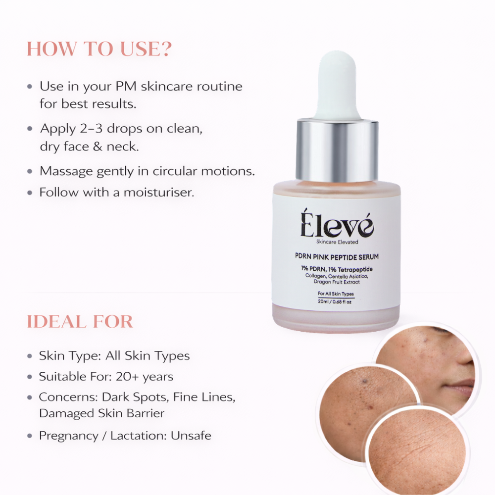 Eleve PDRN Pink Peptide Serum with usage instructions and how to use, formulated for dark spots, fine lines, and skin barrier repair.