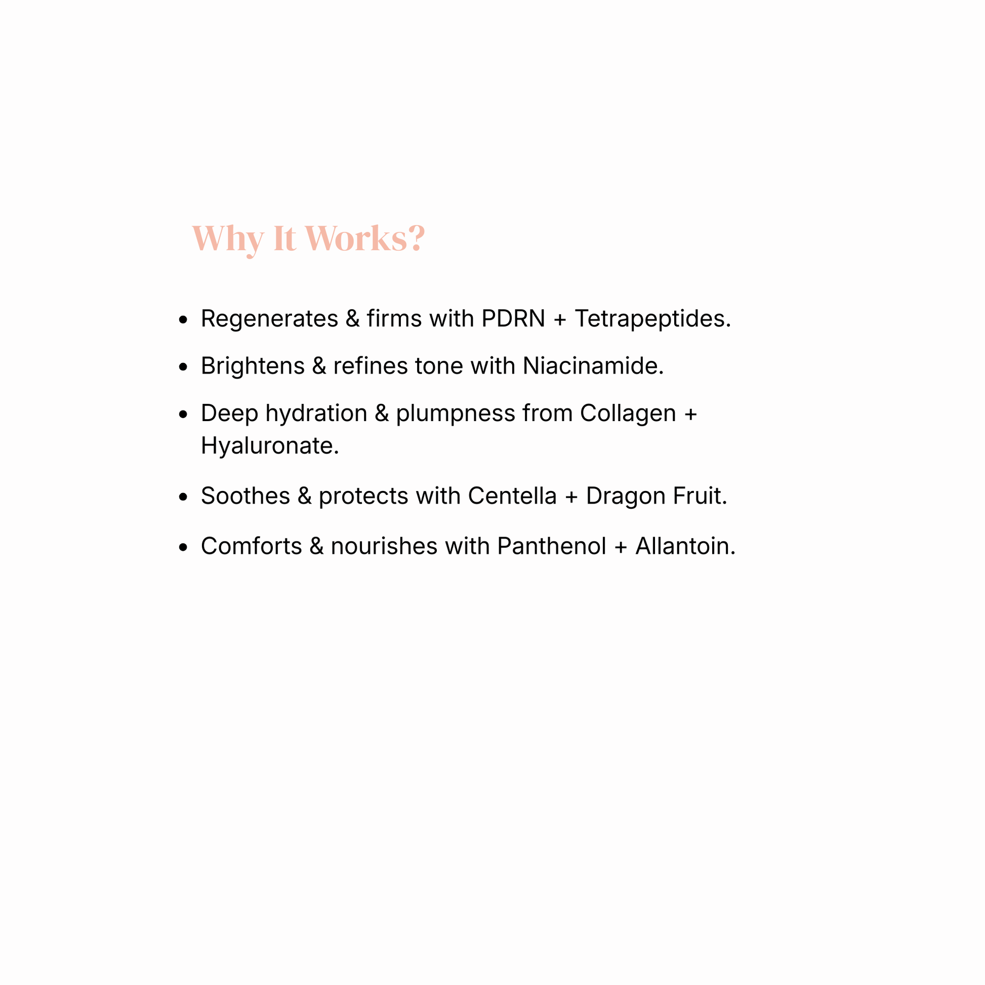 Why it works: Eleve PDRN Pink Peptide Serum ingredients including PDRN, niacinamide, collagen, and centella
