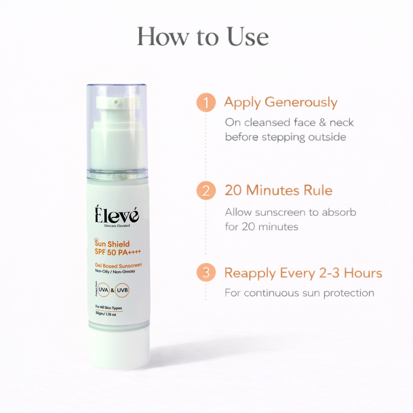 How to use Eleve Sun Shield SPF 50 PA++++ showing application steps and reapplication guidance for sun protection.