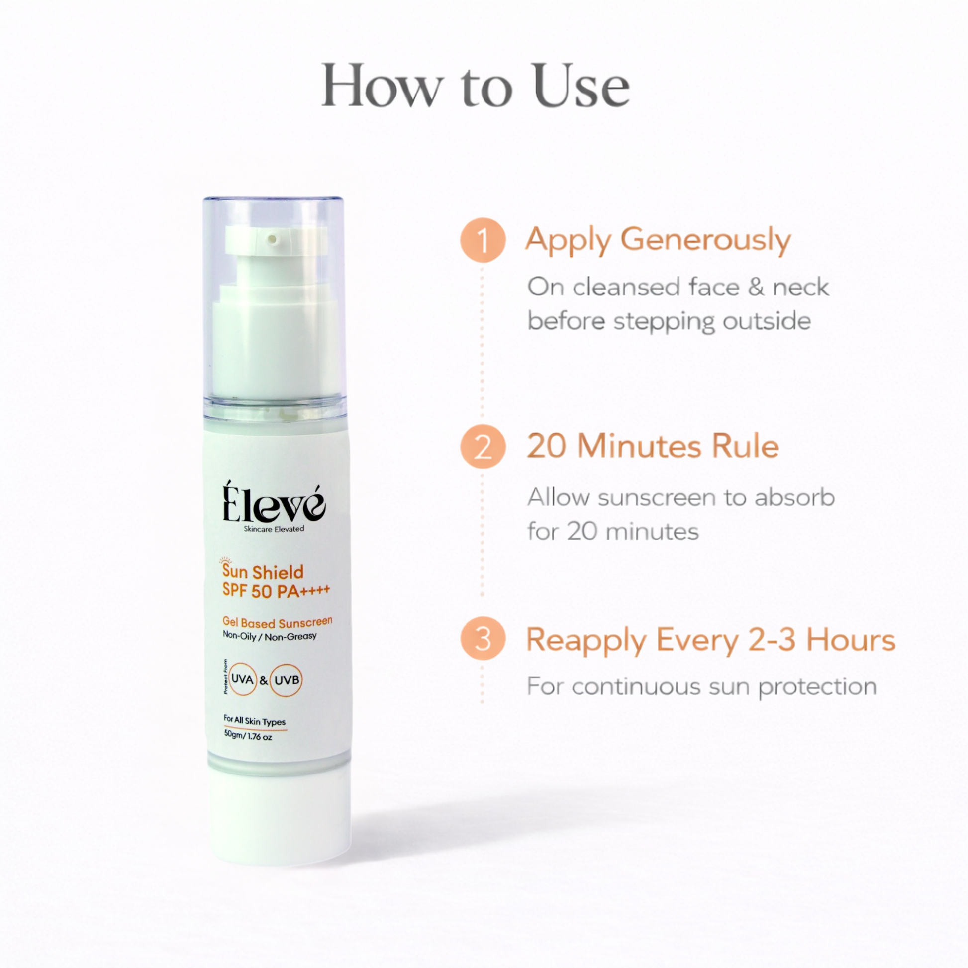 How to use Eleve Sun Shield SPF 50 PA++++ showing application steps and reapplication guidance for sun protection.