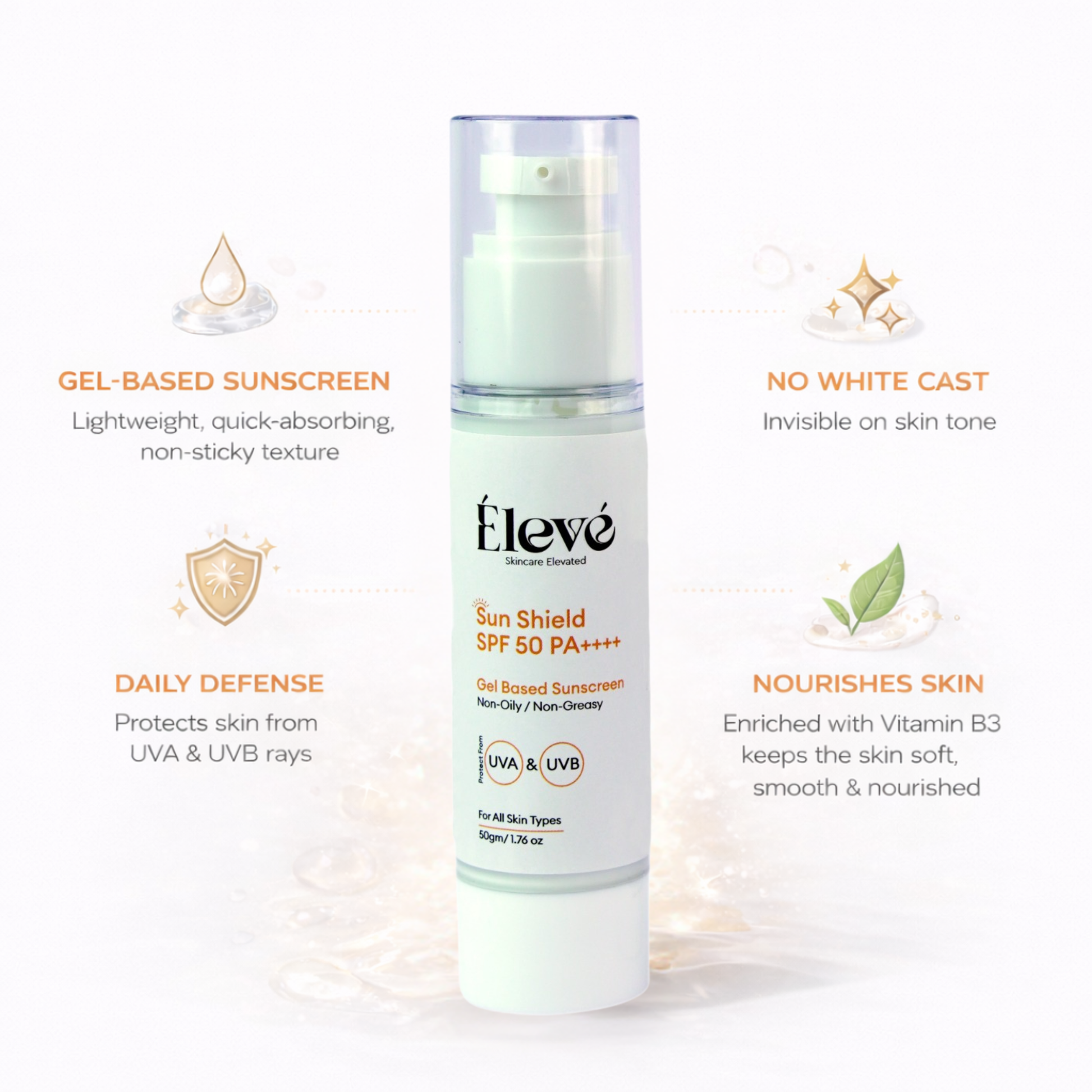 Eleve Sun Shield SPF 50 PA++++ gel sunscreen highlighting no white cast, lightweight texture, UV protection, and skin nourishment