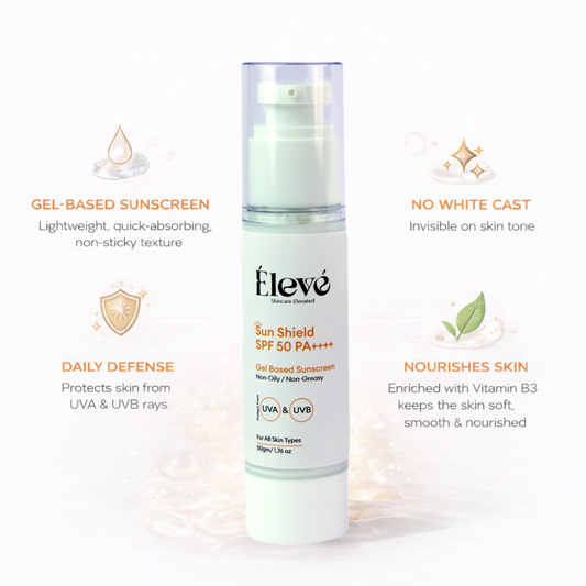 Eleve Sun Shield SPF 50 PA++++ gel sunscreen highlighting no white cast, lightweight texture, UV protection, and skin nourishment
