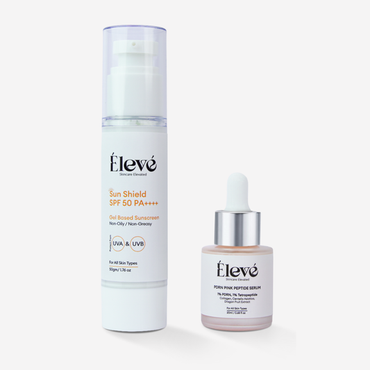Eleve Sun Shield SPF 50 PA++++ and PDRN Pink Peptide Serum displayed together for daily skin protection and repair