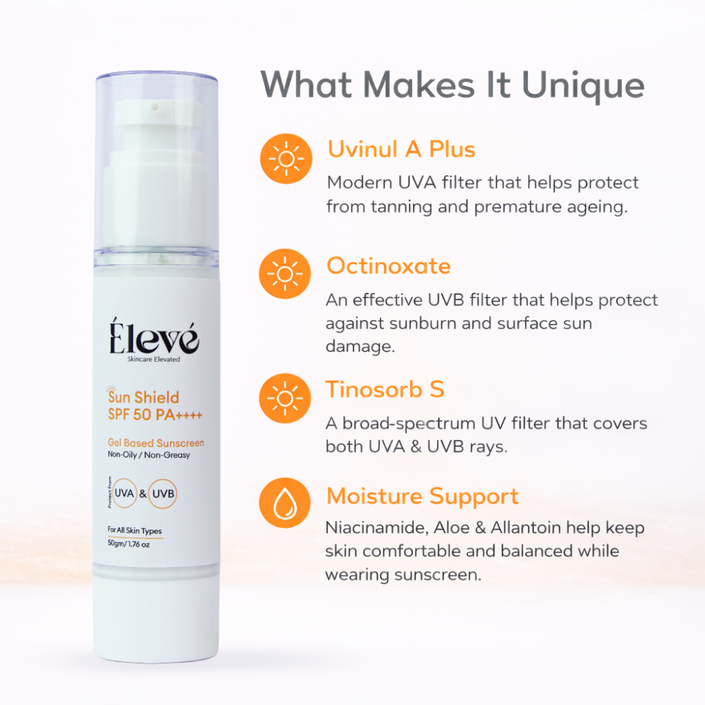 Élevé Sun Shield SPF50 PA++++ gel sunscreen with broad spectrum UVA UVB protection